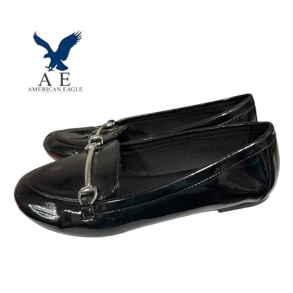 New American Eagle Girl's Black Patent Slip-on Silver Bar Loafers Flats 3.5